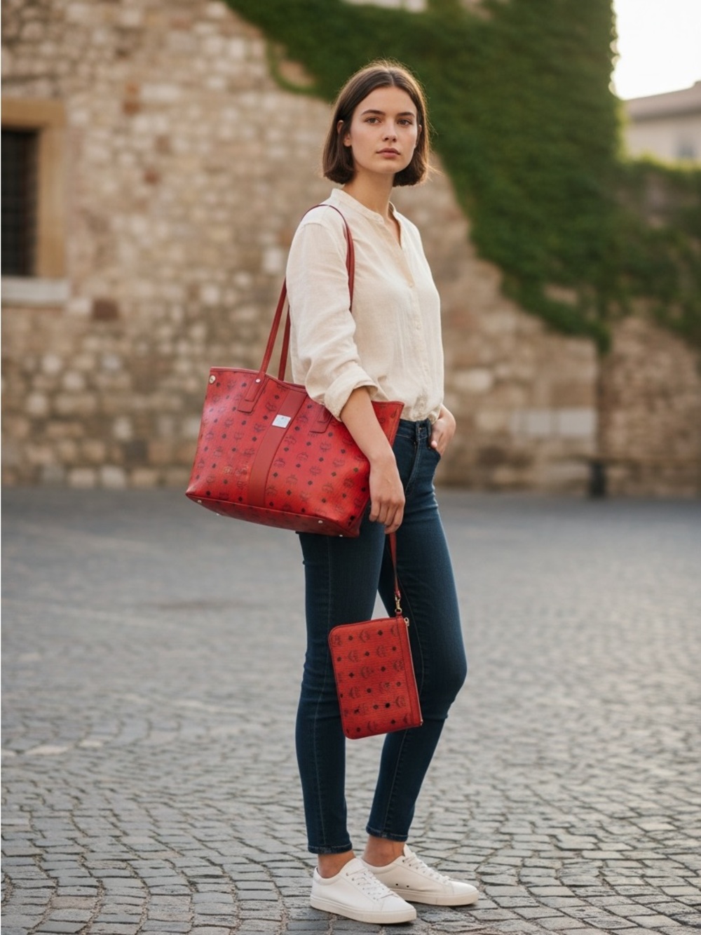 MCM Red Logo-Print Tote with Matching Pouch - Picture 3 of 7